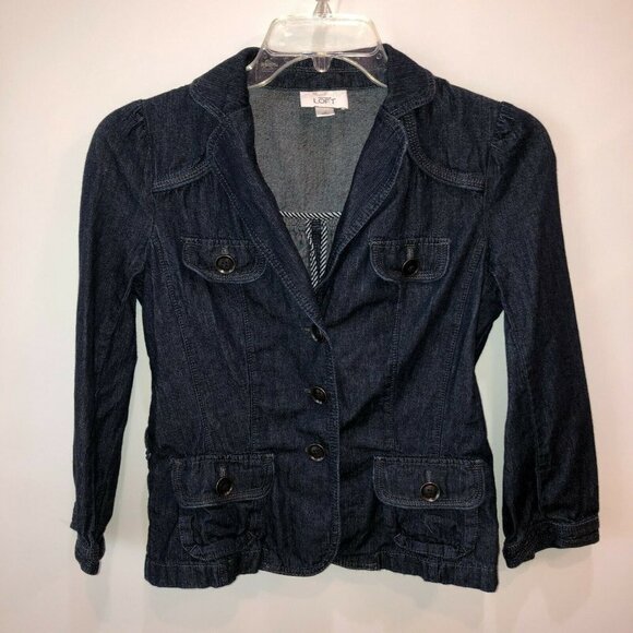 Ann Taylor Loft Denim Jean Jacket Blazer Sz Small Collared Button Front Pockets - Picture 3 of 9